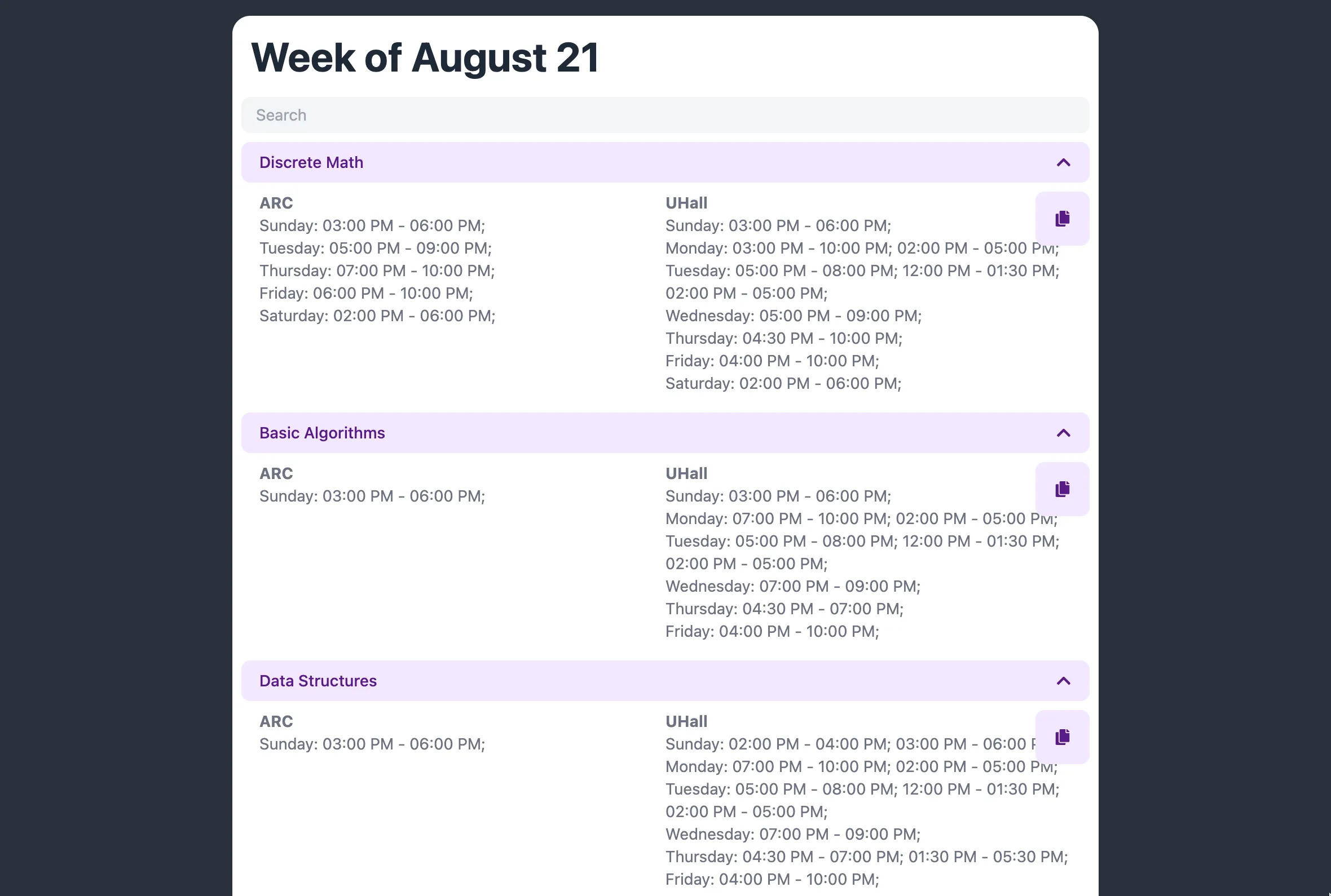 Schedule maker output, with days and times for various courses.
