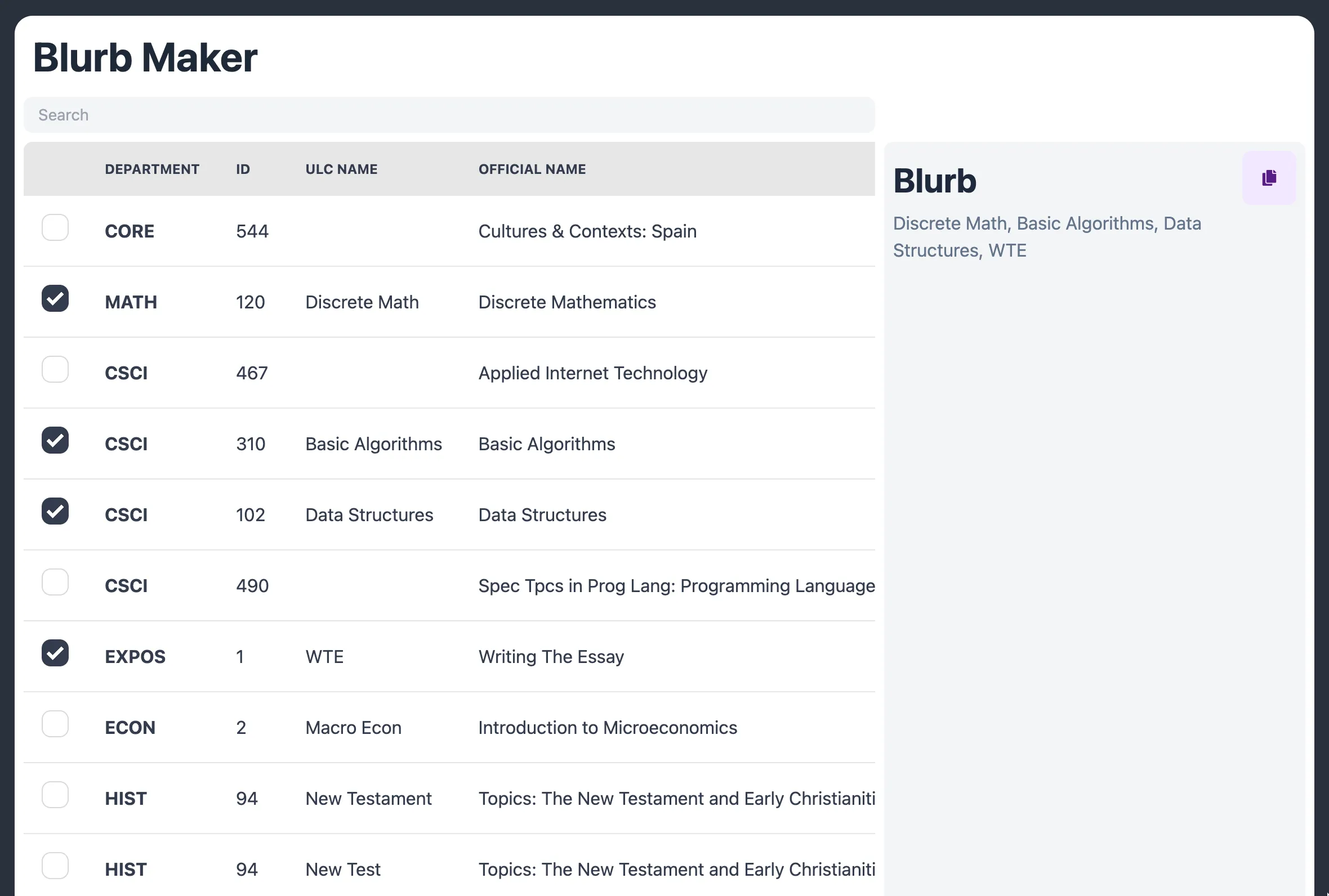 Page to allow Learning Assistants to choose courses, so that we avoid any issues with parsing.